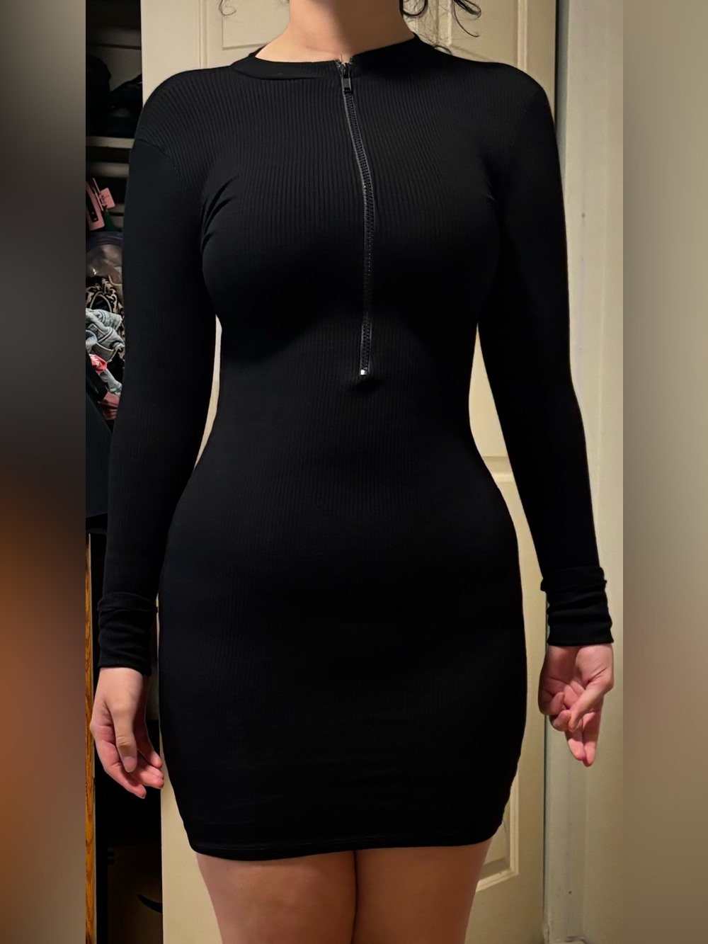 Naked wardrobe Long Sleeve Black Ribbed Zip-Front Bodycon Dress
